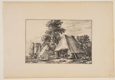 Gård med skur til en vogn, fra Landskaber (Verscheyden aerdige Lanthuysen...) af Claes Jansz. Visscher
