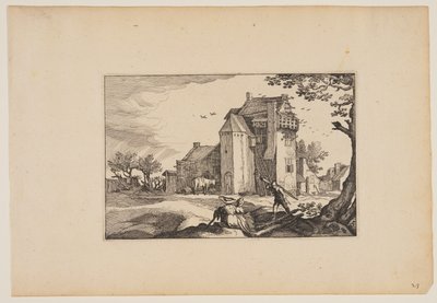 Bondegård med dueslag, fra Landskaber (Verscheyden aerdige Lanthuysen...) af Claes Jansz. Visscher