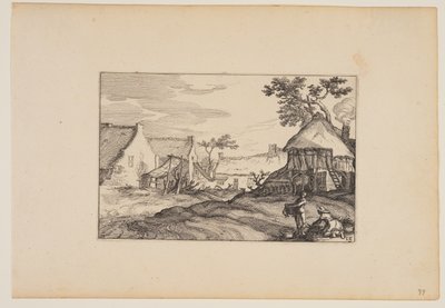 Gårdsplads Ung mand og kvinde i forgrunden, fra Landskaber (Verscheyden aerdige Lanthuysen...) af Claes Jansz. Visscher