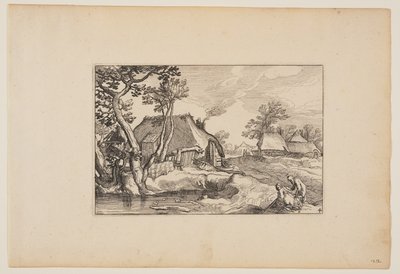 Gammel mand og kvinde hviler sig ved en dam, fra Landskaber (Verscheyden aerdige Lanthuysen...) af Claes Jansz. Visscher