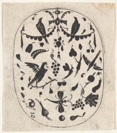 Ovalt sorttryk med fugle, insekter og frugter, ca. 1620. af Claes Jansz Visscher