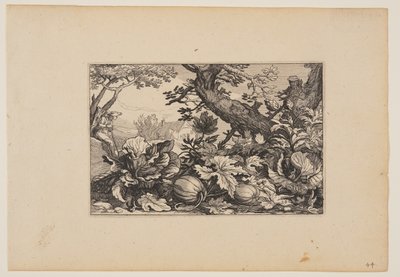 Træ og meloner, fra landskaber (Verscheyden aerdige Lanthuysen...) af Claes Jansz. Visscher
