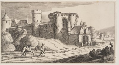 En bonde med en hest på en vej nær bymuren, fra Landskaber (Playsante Lantschappen) af Claes Jansz. Visscher II