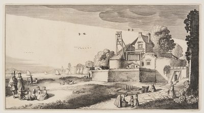 Blegningsfelt foran et fort ved en flod, fra Landskaber (Playsante Lantschappen) af Claes Jansz. Visscher II