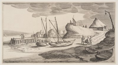 Både på land nær et vagttårn, fra Landskaber (Playsante Lantschappen) af Claes Jansz. Visscher II