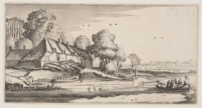 Andeskydning fra en robåd i nærheden af en gård, fra Landskaber (Playsante Lantschappen) af Claes Jansz. Visscher II