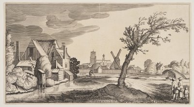 Hus ved en dam uden for en by, fra Landskaber (Playsante Lantschappen) af Claes Jansz. Visscher II
