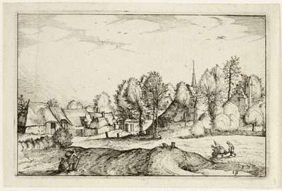 Vejen ind i en landsby, plade nitten efter billeder af gårde, landhuse og rustikke landsbyer (Praediorum villarum et rusticarum casularum icones) af Claes Jansz. Visscher II