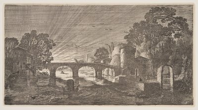 Solnedgang over en flod, fra Landskaber (Playsante Lantschappen) af Claes Jansz. Visscher II