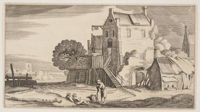 Tre figurer i samtale nær en kro, fra Landskaber (Playsante Lantschappen) af Claes Jansz. Visscher II