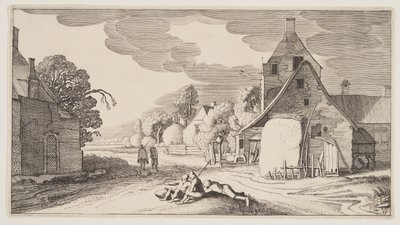 Tre bønder hviler sig ved et vejkryds i en landsby, fra Landskaber (Playsante Lantschappen) af Claes Jansz. Visscher II