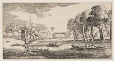 Rejsende i robåde nærmer sig en landsby, fra Landskaber (Playsante Lantschappen) af Claes Jansz. Visscher II