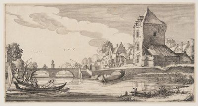 Landsby ved en flod, fra Landskaber (Playsante Lantschappen) af Claes Jansz. Visscher II