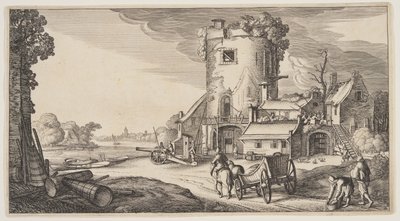 Vagttårn nær en flod, fra Landskaber (Playsante Lantschappen) af Claes Jansz. Visscher II