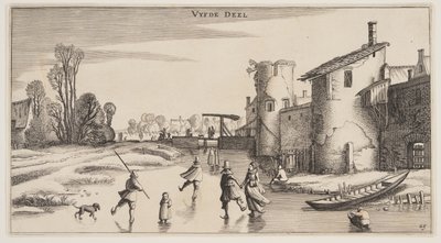Vinterlandskab med skøjteløbere langs en bymur, fra Landskaber (Playsante Lantschappen) af Claes Jansz. Visscher II