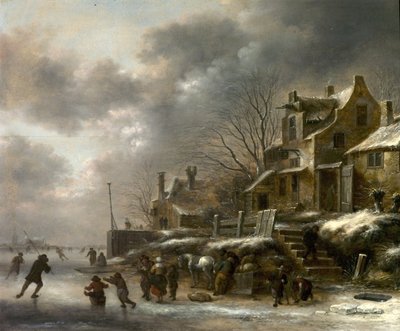 Vinterscene, flod med kunstskøjteløb, 1671 af Claes Molenaer