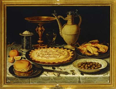 Stilleben - Måltid med stegt kylling, brød og oliven ... af Clara Peeters