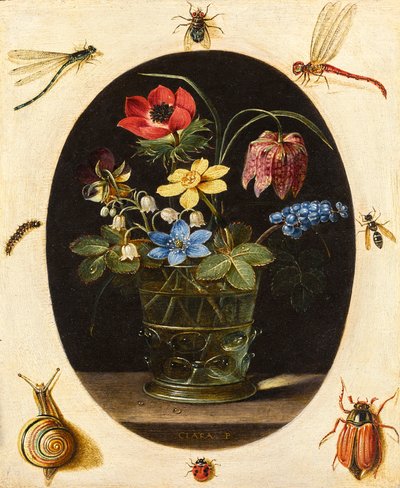Stilleben med blomster omgivet af insekter og en snegl af Clara Peeters