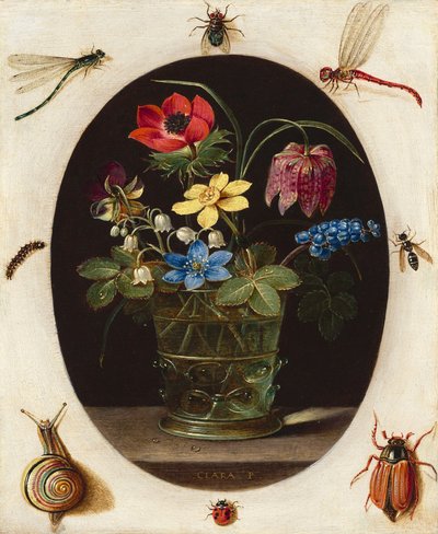 Stilleben med blomster omgivet af insekter og en snegl, ca. 1610 (olie på kobber) af Clara Peeters