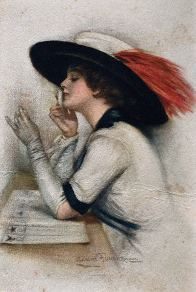 En elegant ung kvinde, der stemmer ved valget i 1920 i USA, det 20. århundrede (farve litho) af Clarence F. Underwood