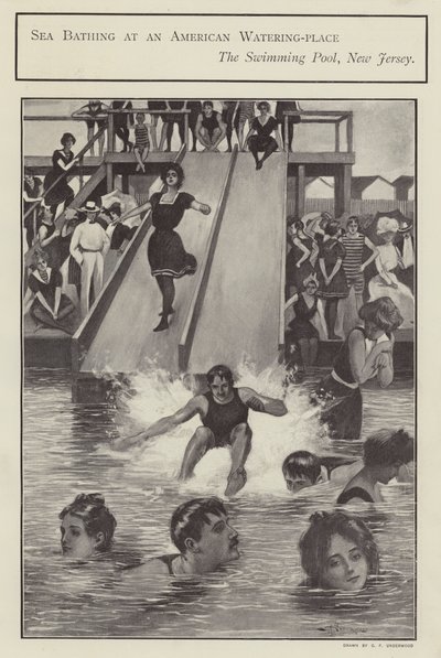 Havbadning ved en swimmingpool i New Jersey, USA (litho) af Clarence F. Underwood