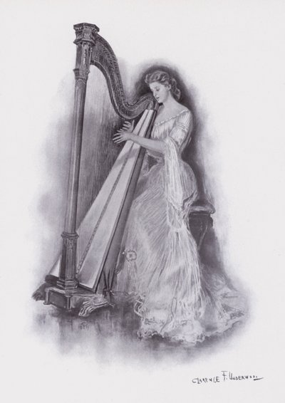 Kvinde spiller på en harpe (farve litho) af Clarence F. Underwood