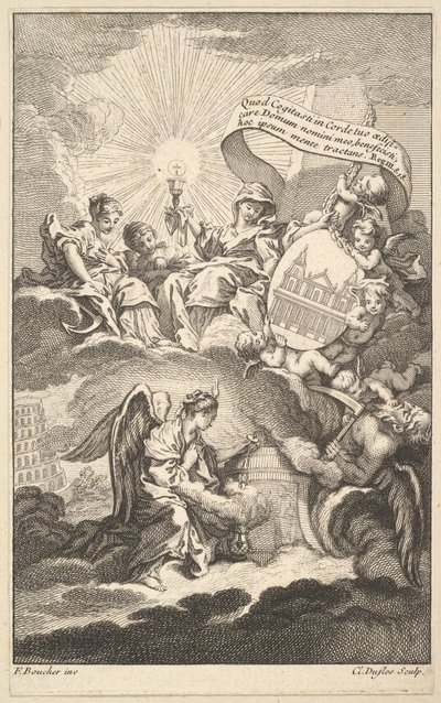 Frontispice, fra The Building of St. Sulpice af Alexis Piron, ca. 1744. af Claude Augustin Duflos