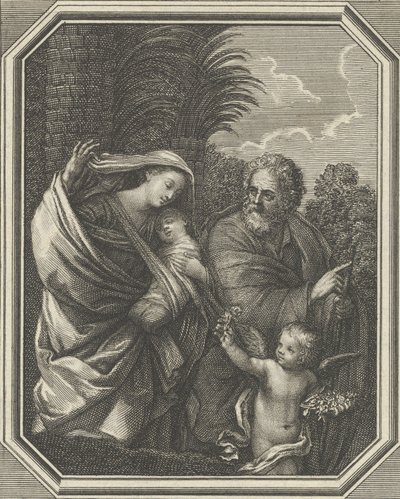 Flugten til Egypten, den hellige familie, der går med den unge Johannes Døberen, tre..., ca. 1720-86. af Claude Augustin Duflos