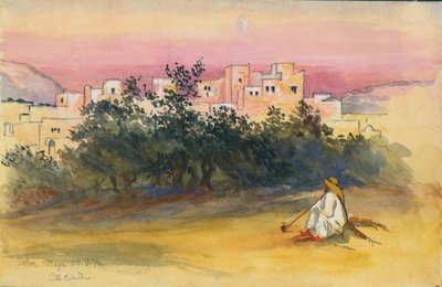 Jeba Village, 1872 (toilet og blyant på papir) af Claude Conder