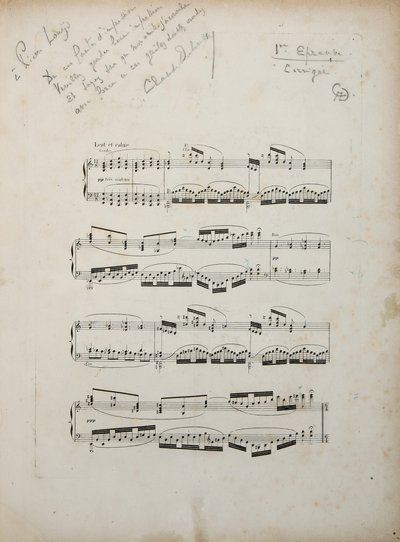 Side fra det første korrigerede bevis på "La damoiselle elue", c.1887-88 af Claude Debussy