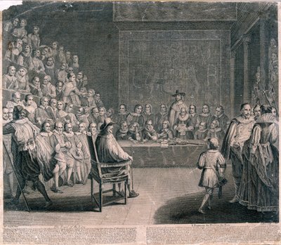 Retssagen mod kong Charles I, Palace of Westminster, c1725 af Claude Dubosc