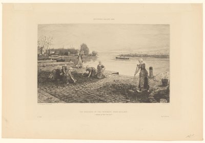 Kvinder luger en kaj i Nordholland Ukrudtsrenserne på fortovet, Nord Holland (titel på objektet) af Claude Faivre