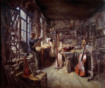 En restauratør i sit værksted fyldt med instrumenter. Maleri af Claude Firmin (1864-1944) 1896 Avignon musee Calvet OBS! Brug af dette værk kan være underlagt en anmodning om tredjepartsgodkendelse eller yderligere gebyrer af Claude Firmin