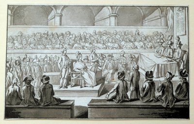 Dronning af Frankrig Marie Antoinette for Revolutionsdomstolen: dage af 14,15,16/10/1793 Advokaten, der forsvarede sig i hans sag, er Claude Francois Chauveau-Lagarde (1756-1841). Tegning med sort blæk Dim. 0,097x0,15 m. Paris, Louvre-museet af Claude Francois Chauveau Lagarde
