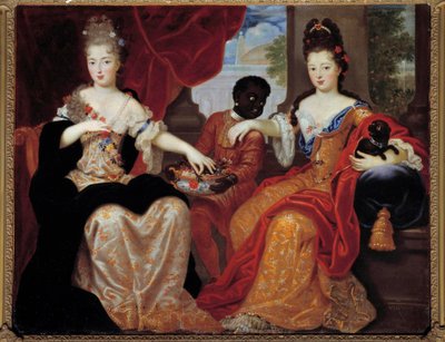Portrætter af Mademoiselle de Blois og Mademoiselle de Nantes serveret af deres sorte tjener""". Mademoiselle de Blois (1677-1749), kommende hustru til Louis de Bourbon, Mademoiselle de Nantes (1673-1743), kommende hertuginde af Orleans. Maleri af Claude F af Claude Francois Vignon
