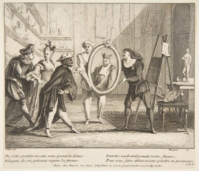 Pierrot og Scaramouche viser portrættet af Harlequin.n.d. Skaber: Claude Gillot, Jacques Gabriel Huquier. af Claude Gillot, Jacques Gabriel Huquier