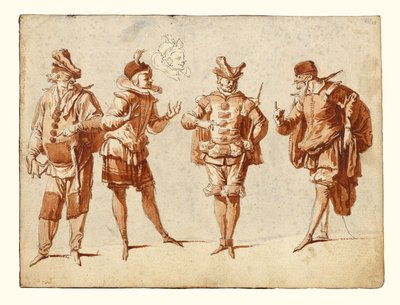 Fire figurer i teaterkostume af Claude Gillot