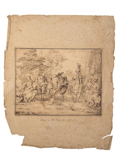 Les quatre âges de la vie: Syv figurer i en have, en graver med en spade (pen og brunt blæk) af Claude Gillot