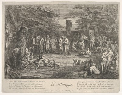 Ægteskabet Le Mariage: i en skov gifter en gammel satyr sig med den forlovede i cen..., ca. 1700-1720. af Claude Gillot