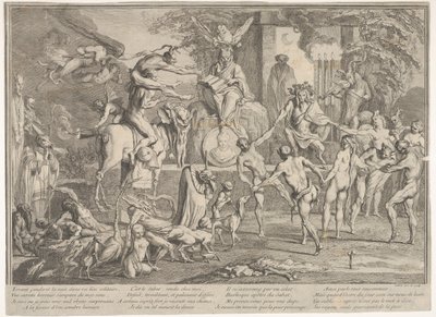 Heksesabbat, i et natligt landskab, en necromancer siddende øverst i midten..., ca. 1700-1720. af Claude Gillot