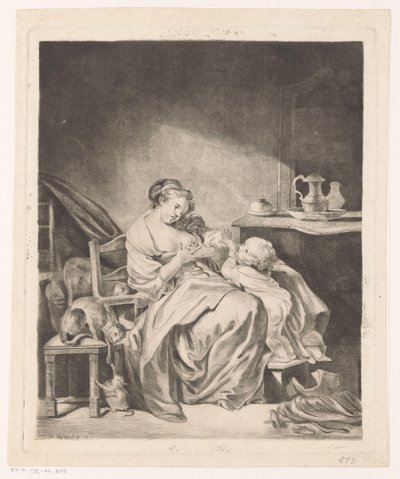 Interiør med en siddende kvinde, der fodrer sit barn af Claude Henri Watelet