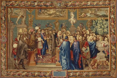 En audiens givet af Ludvig XIV til greven af Fuentes... ved Louvre, 24. marts 1662, ca. 1730. af Claude I, Ballin