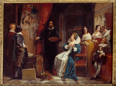 Dronning af Frankrig Marie de Medicis (1573-1642) besøger maleren Pierre Paul (Pierre-Paul) Rubens (eller Peter Paul eller Petrus Paulus) værksted (1577-1640). Maleri af Claudius Jacquand (1804-1878) af Claude Jacquand