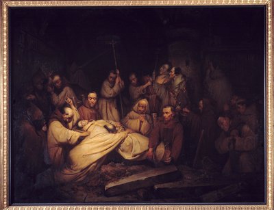 Greven af Comminges. Sidste scene af mindesmærkerne for greven af Comminges, der repræsenterer greven af Comminges, der anerkender Adelaide efter hans død. Maleri efter romanen af Francois de Baculard d