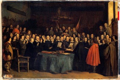 Freden i Westfalen, edsaflæggelsen efter ratificeringen af freden mellem spanierne og Needlanderne, på Munster Rådhus den 15/05/1648. De afsluttede Trediveårskrigen. Maleri af Claudius Jacquand af Claude Jacquand