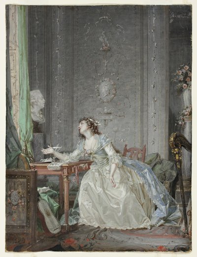 Interiør med et portræt af en ung dame før en buste af Claude Jean Baptiste Hoin