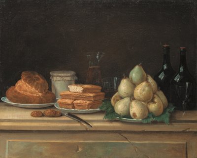 Pærer og brød på tallerkener, med flasker vin og glas på en stenkant (olie på lærred) af Claude Joseph Fraichot