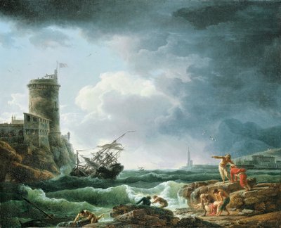 En storm med skibbrud ved en fæstning, et skibbrud i forgrunden, 1769 af Claude Joseph Vernet
