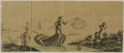 Chinoiserie med mand, der fisker fra båd, kvinde og barn stående på kysten af Claude Joseph Vernet