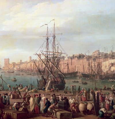 Morgenudsigt over den indre havn i Marseille og pavillonen i Horloge du Parc, 1754 (detaljer fra 156103) af Claude Joseph Vernet